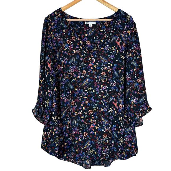 DR2 Blouse Womens 2X Black Floral Paisley 3/4 Sleeve Boho Whimsigoth Cottagecore - Picture 1 of 5